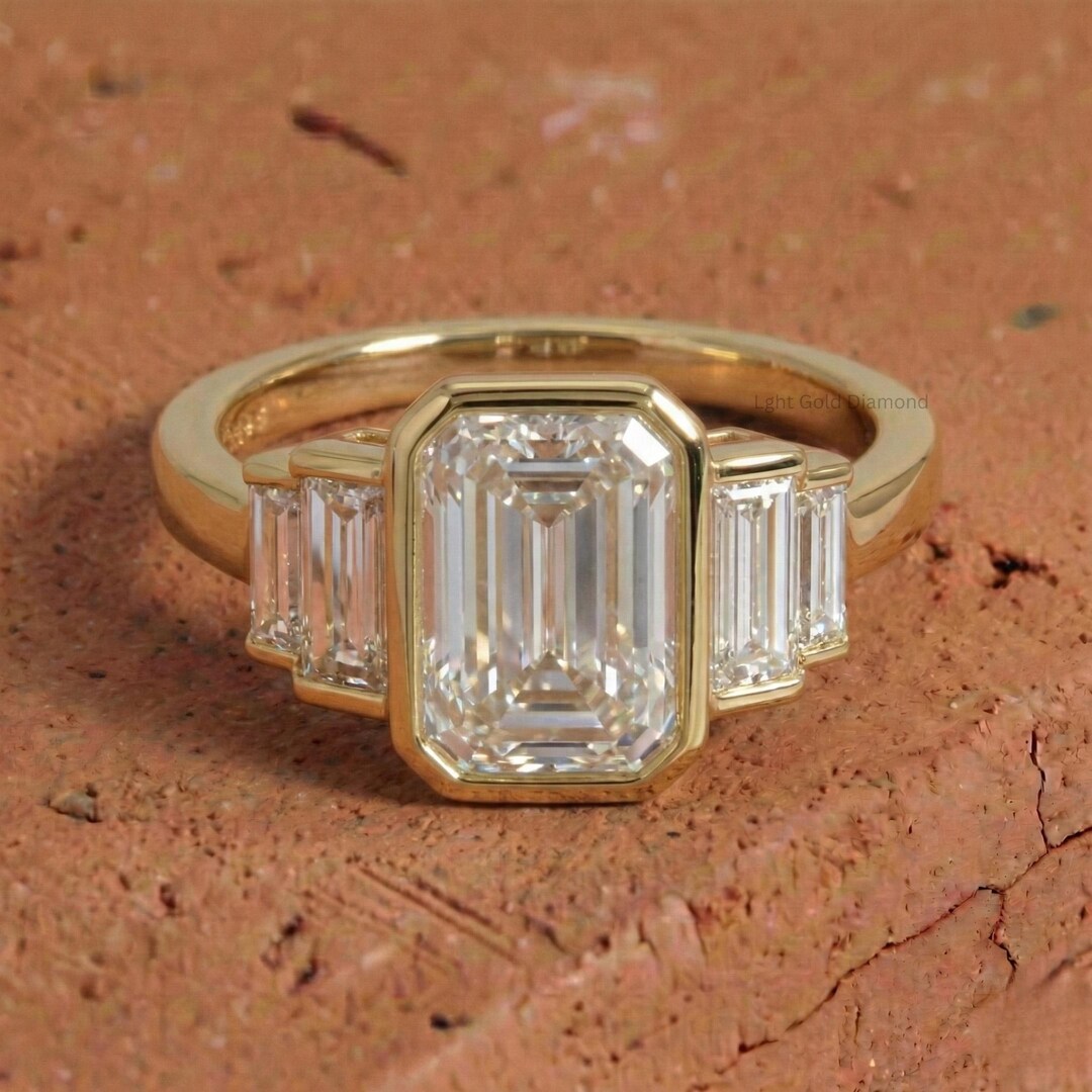Emerald Cut Lab Grown Diamond Engagement Ring, 14k Gold Bezel Set Ring ...