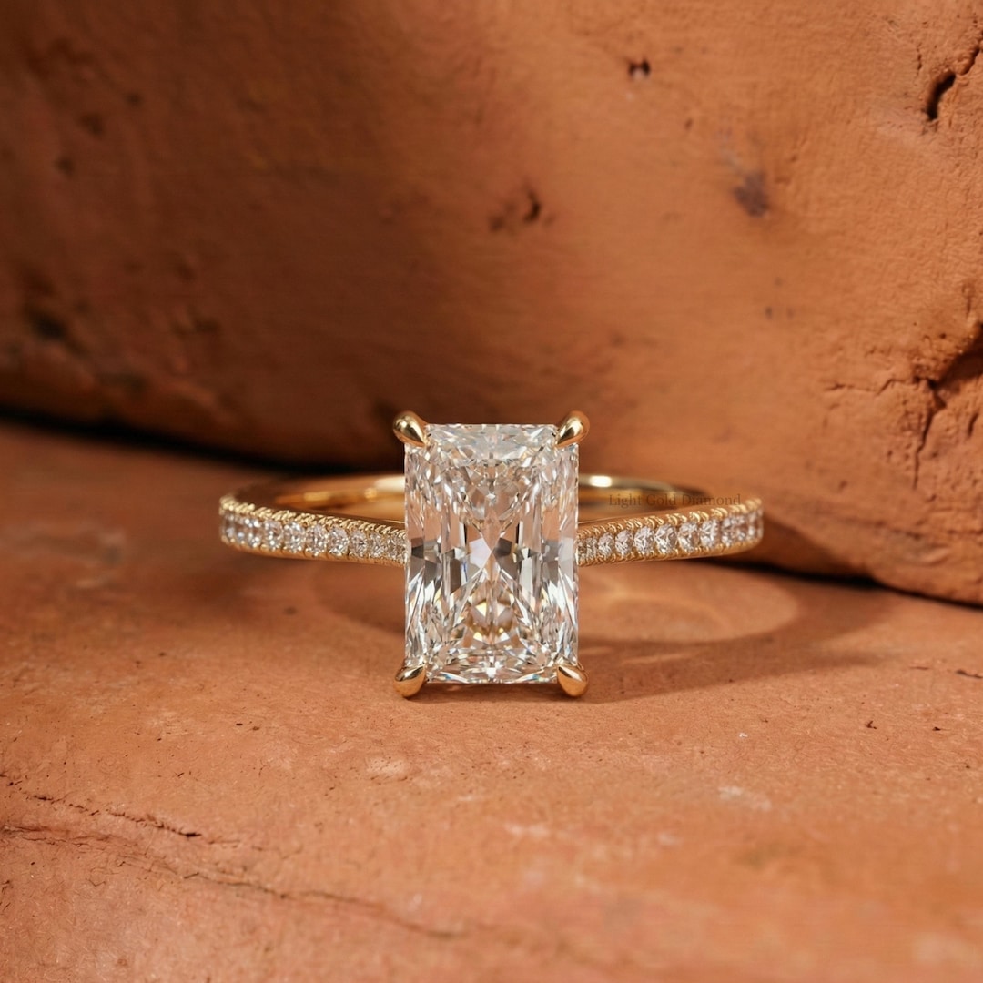 Radiant Cut Lab Grown Diamond Engagement Ring, 14k Gold Hidden Halo ...