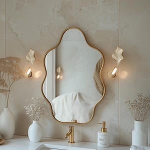 Gold Asymmetrical Mirror - Elegant Bathroom Vanity Mirror with Gold Frame - Modern Aesthetic Wall Decor for Bedroom, Living Room, Home Gift