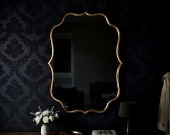 Scalloped Ornate Wooden Mirror, Baroque Wall Decor, Gold Brass Silver Black
