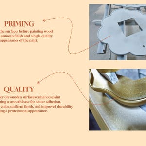 Op de afbeelding: Close-up van een houten oppervlak dat wordt gegrond met een grijze primer. De tekst "PRIMING" staat boven de afbeelding. De tekst "Priming the surfaces before painting wood ensures a smooth finish and a high-quality appearance of the paint." staat onder de afbeelding. De tweede afbeelding toont een close-up van een gouden geverfd houten oppervlak. De tekst "QUALITY" staat boven de afbeelding. De tekst "Applying primer on wooden surfaces enhances paint quality by creating a smooth base for better adhesion. This leads to a vibrant colour, uniform finish, and improved durability, ensuring a professional appearance." staat onder de afbeelding.