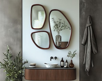 Irregular Mirror Set: 3-Piece Wooden Frame, Pond-Inspired Decor
