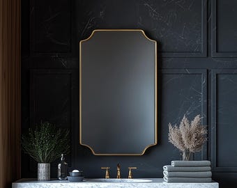 Notched Corner Rectangle Scalloped Wood Framed Wall Mirror, Irregular Scalloped Bathroom Wall Mirror, Wall Decor, Unique Bathroom Mirror.