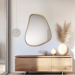 Minimal Brass Finish Entryway Mirror, Asymmetrical Mirror, Italian Mirror, Irregular Mirror, Console Table Mirror, Full Length Large Mirror
