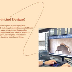 Op de afbeelding: Een computerscherm toont een ontwerp voor een spiegel met een gouden lijst. Het ontwerp is op een grijze achtergrond met een bruine textuur. De tekst op het scherm luidt "One-of-a-Kind Designs!"  Bij InfiniteReflect ben ik trots op het cre&euml;ren van spiegels die echt uniek zijn. Elk stuk is met de grootste zorg door mijzelf gemaakt en weerspiegelt een unieke mix van kunst en functionaliteit. Mijn ontwerpen putten inspiratie uit de natuur, moderne esthetiek en tijdloze elegantie, waardoor elke spiegel een statement-stuk in uw huis is.