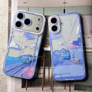 Custodia per iPhone con trenino giapponese Kawaii: design anime con bordo blu