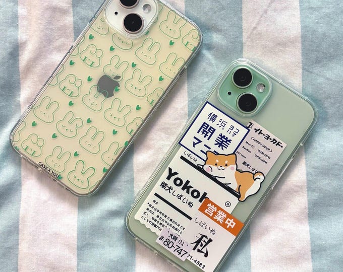 Kawaii Green Rabbit & Shiba Dog iPhone Case: Japanese Anime Art