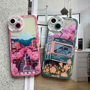 Custodia per iPhone Kawaii Anime: design con fiori di ciliegio e treno verde