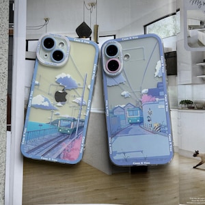 Funda de teléfono minimalista con diseño de tren azul y borde de anime japonés lindo kawaii para iPhone 16 15 14 13 12 11 Pro 15 Pro Max 15 Pro 16 Pro