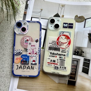 Japanse Kawaii Anime Tekening Maneki Neko Lucky Cat Yokohama Tokyo Medley Telefoon case voor iPhone 16 15 14 13 12 11 15 Pro Max 15 Pro 16 Pro