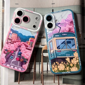 Kawaii Anime iPhone Case: Cherry Blossom, Green Train Design
