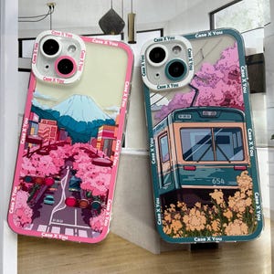 Dessin animé japonais kawaii dessin rose fleur de cerisier vert train étui pour iphone de téléphone 16 15 14 13 12 11 Pro 15 Pro Max 15 Pro 16 Pro