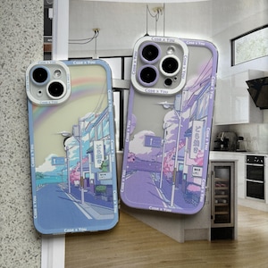 Funda para teléfono con dibujo de anime japonés kawaii, calles arcoíris y calles moradas para iPhone 16, 15, 14, 13, 12, 11 Pro, 15 Pro Max, 15 Pro, 16 Pro, 16 Pro Max
