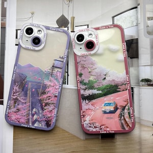 Funda para teléfono con dibujo de anime japonés kawaii, calles rosas y calles moradas para iPhone 15, 14, 13, 12, 11 Pro, 15 Pro Max, 15 Pro