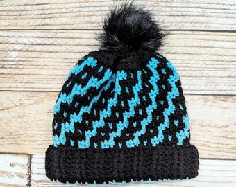 Striped Pom Pom Hat - Turquoise/Black - winter hat - striped hat - women's hat - children's hat