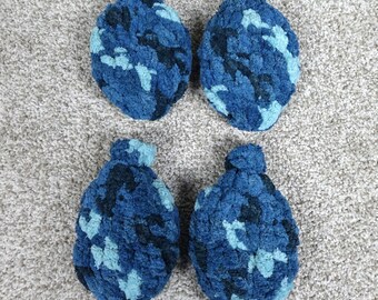 Set of 4 Reusable Crochet Water Balloons Blue Camo Plush Yarn Eco-Friendly Toys