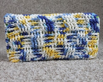 Handmade Crochet Reusable Mop Cover Blue Yellow White Basketweave Swiffer Pad
