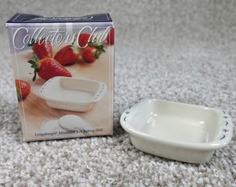 Longaberger 2002 Miniature 8x8 Baking Dish Collectors Club Pottery Cream Blue
