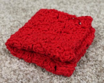 Handmade Red Crochet Dishcloth Textured Cotton Washcloth 8x7.5 Square Home Decor