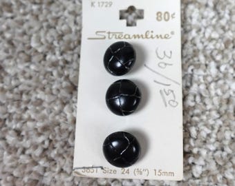 Vintage Streamline Black Textured Domed Buttons Size 24 15mm Made in Italy 3pc