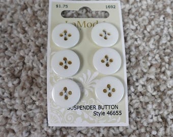 La Mode White Suspender Buttons 6 Count 3/4 Inch 19mm Style 46655 Round 4-Hole