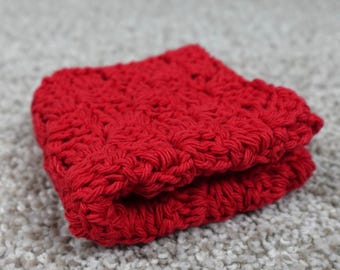 Handmade Red Crochet Dishcloth Reusable Cotton Washcloth 8x8 Kitchen Scrubbie