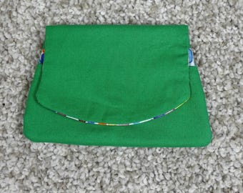 Handmade Green Fabric Pocket Wallet with Rainbow Dot Interior Snap Closure