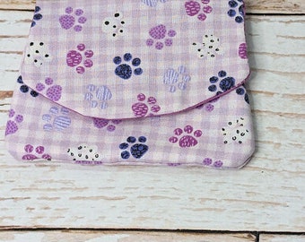 Pocket Wallet - Purple Paw Prints - mini wallet - handmade wallet - travel wallet - concert wallet