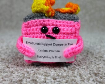 Handmade Crochet Emotional Support Dumpster Fire Pink Amigurumi Plush Meme Decor
