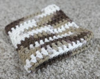 Handmade Crochet Camouflage Dishcloth Brown Tan White Earth Tone Washcloth