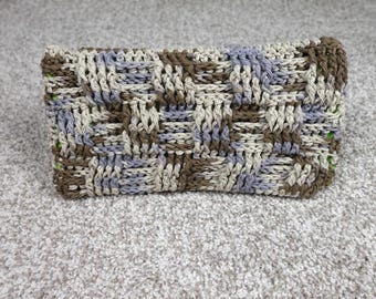 Handmade Crochet Reusable Mop Cover Neutral Tan Brown Blue Basketweave Stitch