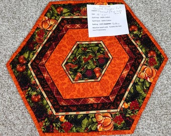 Handmade Reversible Quilted Hexagon Fall Placemat End Table Scarf Orange Pumpkin