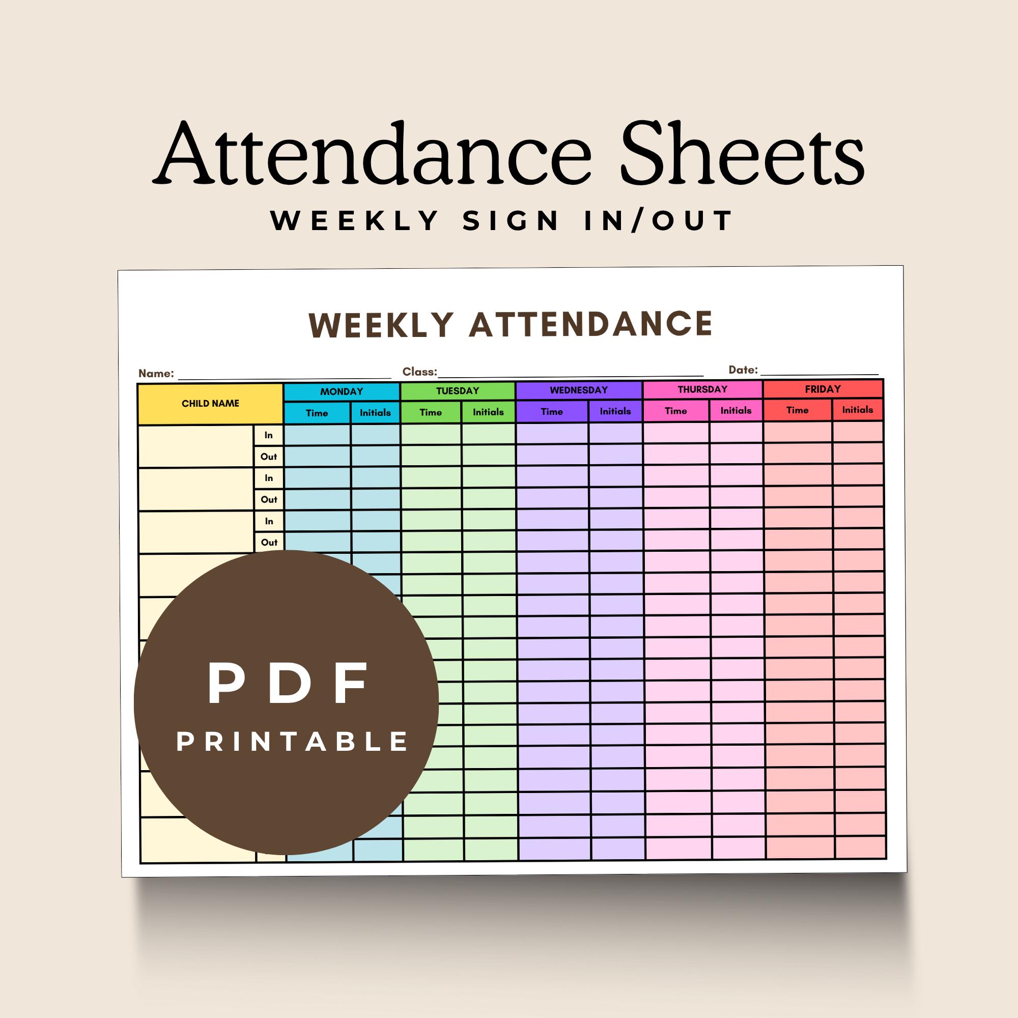 Weekly Attendance Sign In/Out Sheet | Printable PDF | Childcare, Preschool, or Classroom Attendance Tracker