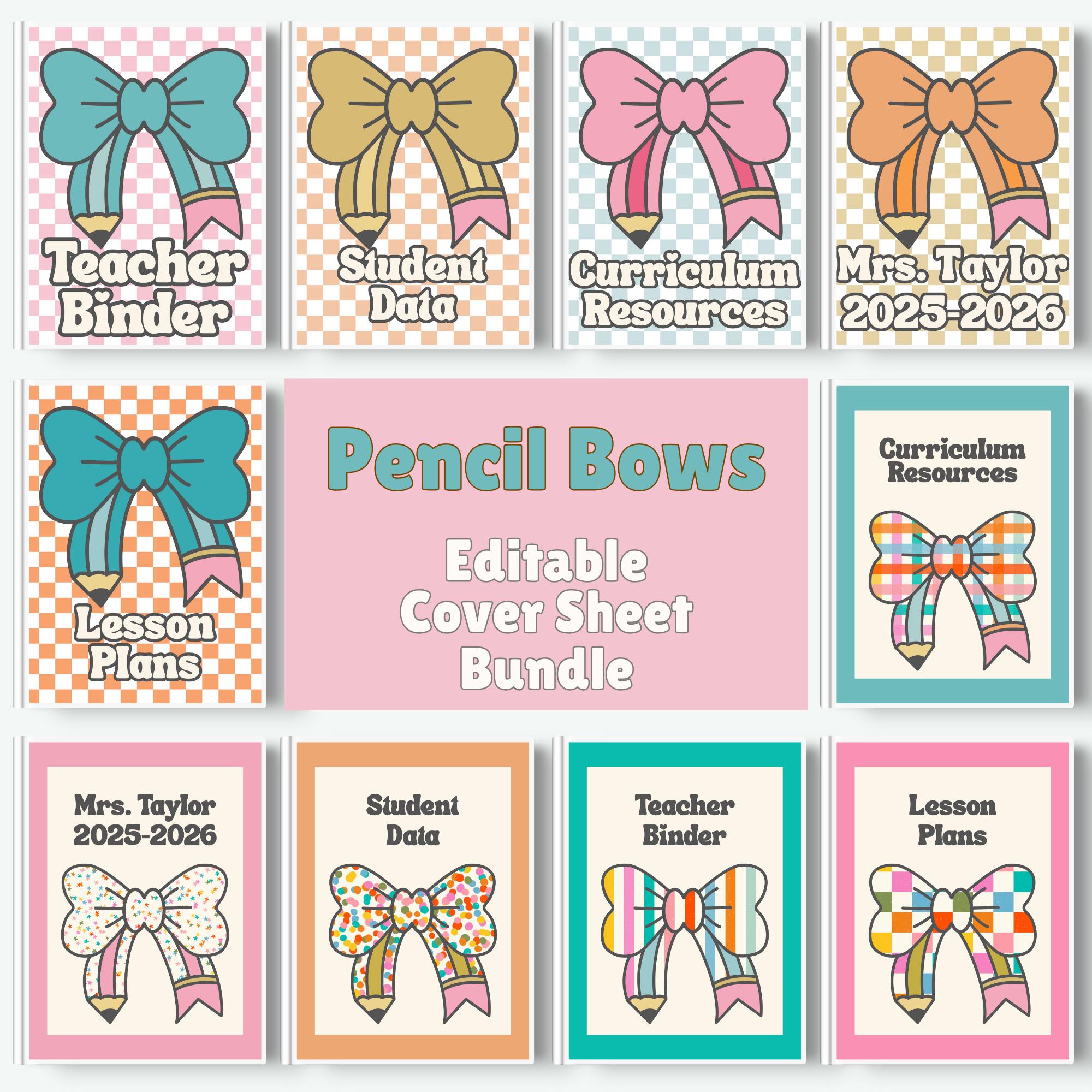 Pencil Bows Binder Cover Sheet Bundle: Retro Teacher Organization (Editable in Canva)