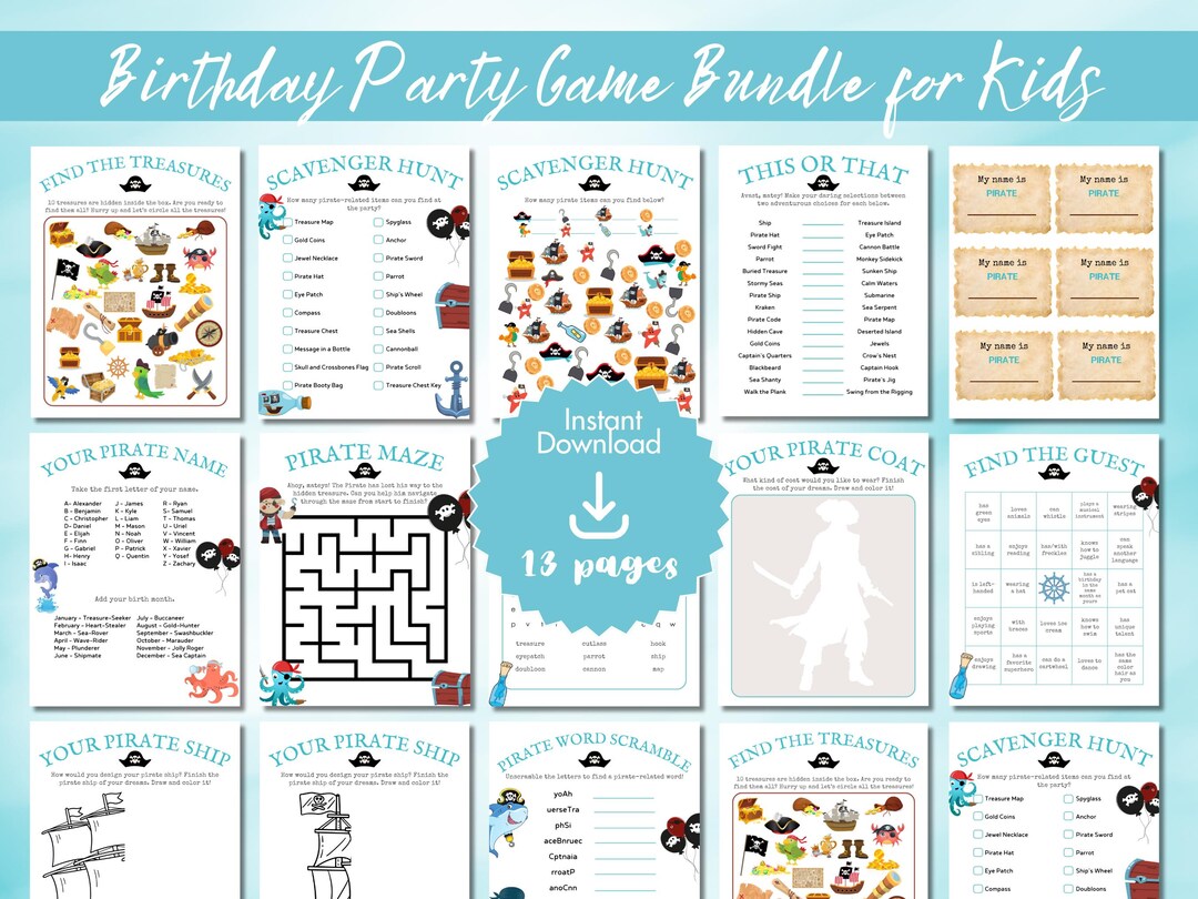 Aqua Pirate Birthday Party Game Printable Bundle - 13 Pages - Etsy