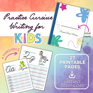 Hojas de práctica de escritura cursiva con ilustraciones en color