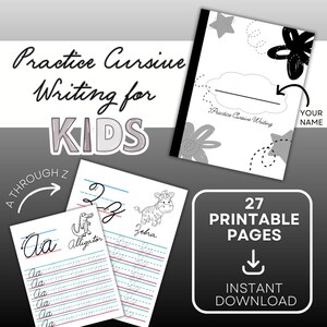 Hojas de práctica de escritura cursiva con ilustraciones