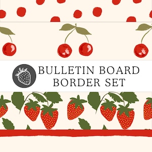Bordes para tablón de anuncios con diseño de cereza y fresa / Bordes estéticos / Lunares y rayas rojas alegres / Decoración para el aula