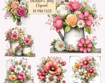 Puede incluir: Conjunto de imágenes prediseñadas florales en acuarela con ramos de flores rosas, blancas y amarillas. La imagen incluye arreglos en una regadera, cubos y en una valla de madera. El texto dice "Mother's Day Clipart, 30 PNG FILES."