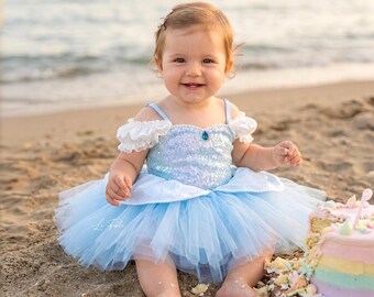 Vestido de princesa para sesión de fotos de niña pequeña, conjunto de cumpleaños de Cenicienta para recién nacida, disfraz de Halloween azul con lentejuelas para bebé.