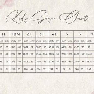 May include: Kids Size Chart with measurements in inches and centimeters for sizes 6M to 10.  Measurements include height, chest, waist, and hip.