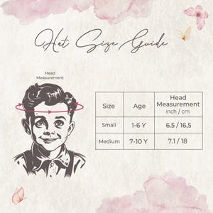 May include: Hat size guide chart with a cartoon illustration of a boy's head with a red arrow circling it. The chart shows hat sizes in inches and centimeters for small and medium sizes, with corresponding age ranges.
