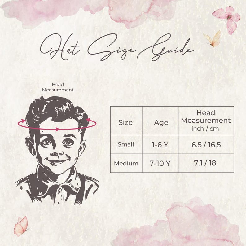 May include: Hat size guide chart with a cartoon illustration of a boy's head with a red arrow circling it. The chart shows hat sizes in inches and centimeters for small and medium sizes, with corresponding age ranges.