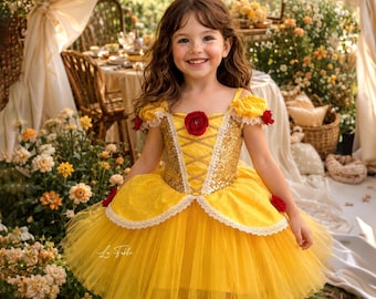 Completo da compleanno per bambina a tema La Bella e la Bestia, vestito giallo da principessa con fiori
