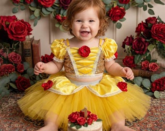 Beauty and the Beast Baby Costume, Belle Toddler Tulle Dress, Halloween Kids Party Outfit