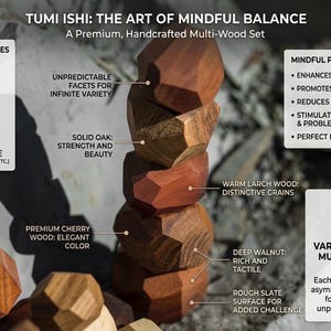Könnte beinhalten: Ein handgefertigtes Tumi Ishi Multi-Holz-Set mit dem Text "TUMI ISHI: THE ART OF MINDFUL BALANCE". Das Set enthält Walnuss-, Eichen-, Lärchen- und Kirschholzstücke in verschiedenen Formen und Farben. Das Set ist für achtsames Spielen konzipiert und verbessert die Feinmotorik.