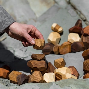 Peut inclure: Blocs géométriques en bois de différentes teintes de marron et de beige. Une main tient l'un des blocs, tandis que d'autres sont empilés et dispersés. Les blocs ont un aspect naturel et organique.