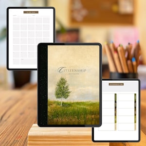 May include: Three digital tablets displaying pages from a Citizenship Notebook. The central tablet shows a cover with a green tree in a field and the text Citizenship Notebook. Other screens show a calendar page titled In The News and a page with Note-booking Tabs.