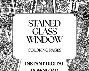 12 Stained Glass Window Coloring Pages - Adult and Kids Coloring Sheets - Instant Digital Download - Printable