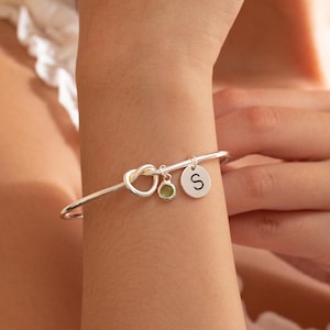 Personalised Initial Birthstone Charms Bracelet, Friendship Knot Bracelet, Engraved Letter Bracelet,Sliver Bracelet for Her,Best Friend Gift